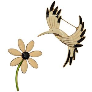 Vtg Enamel Brooch Lot of 2 Crane Egret Bird & Flower Pins Cream Black Gold Tone